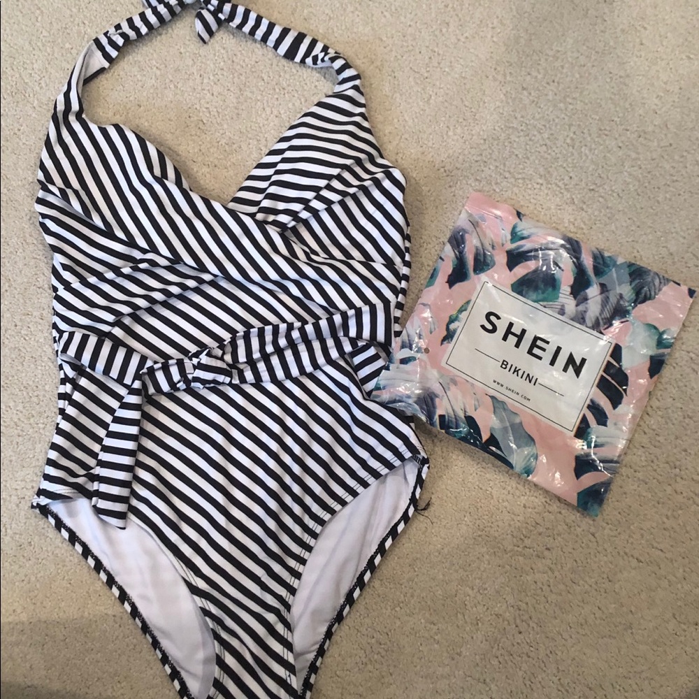 SHEIN Striped Tie Front One Piece Halter